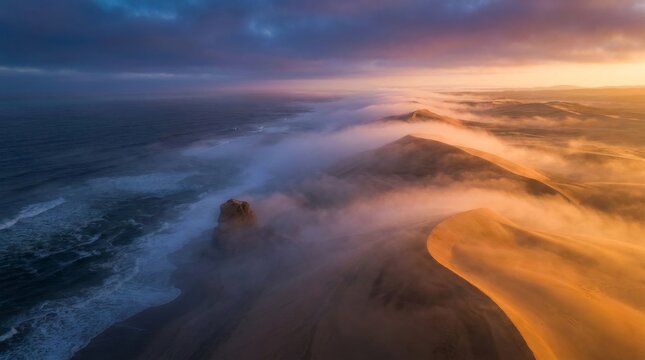 Coastal sand dunes shrouded in fog at sunrise with ocean waves