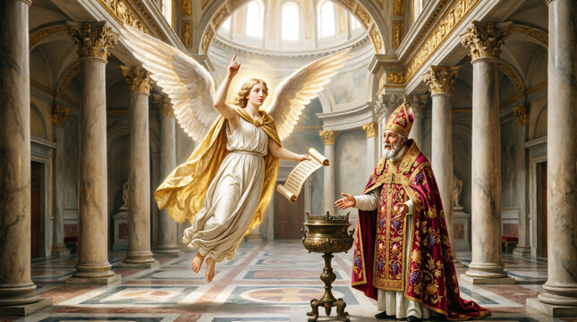 Divine angel reveals John&rsquo;s birth prophecy with sacred light in holy vision.