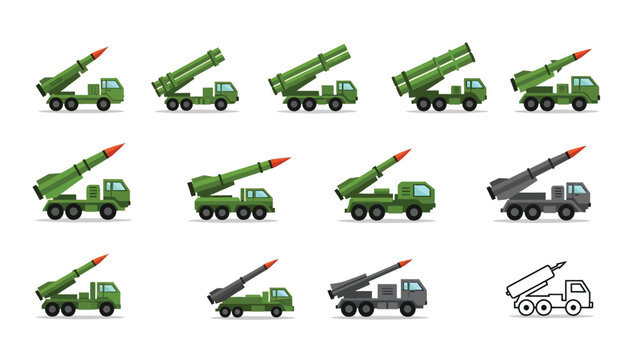 Tactical mobile rocket launchers and anti aircraft defense vehicle set for army deployment.