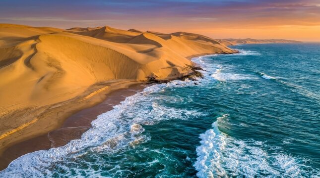 Namib Desert dunes meet the Atlantic Ocean coast at sunset