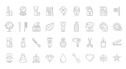 Obraz premium Beauty and Cosmetics Line Icons Set: Skincare, Makeup, Haircare, and Spa Essentials