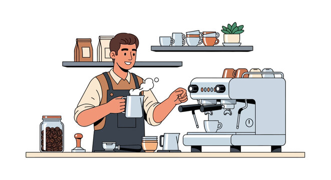 Barista making coffee with espresso machine and milk frother - illustration