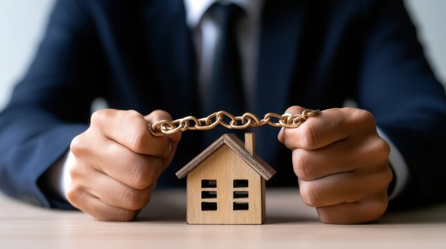 Person Holding Gold Chain Locked Around Wooden House Model Showing Protection