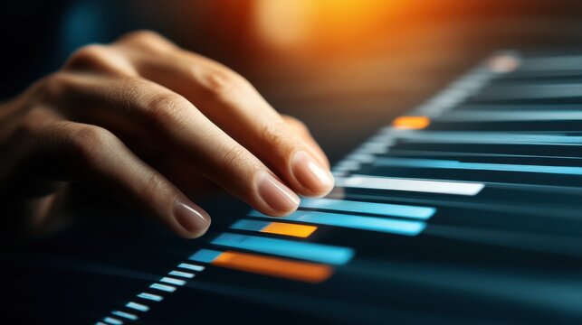 Close up hand interacting with futuristic digital interface slider and control bar