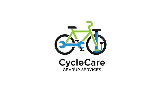 Bicycle repair logo design with wrench and pump graphic on white background