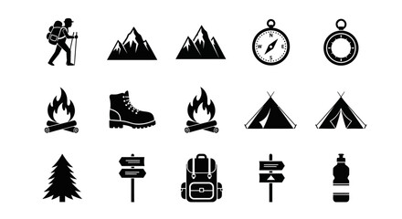 Fototapeta premium Black and white vector illustration of hiking and camping icons