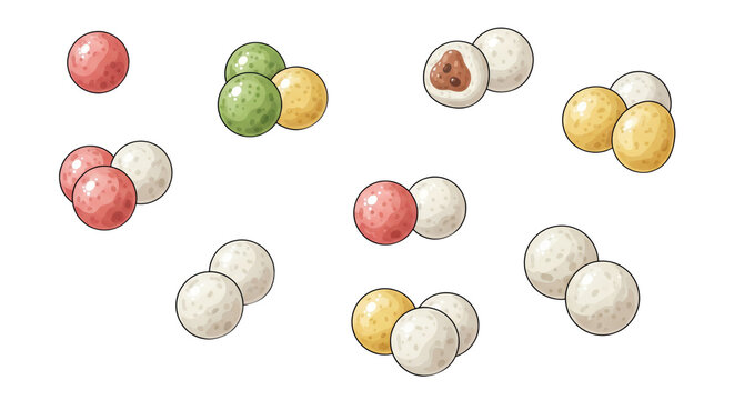 Set of Traditional Japanese Rice Balls and Mochi Dumplings Illustration - Colorful Asian Sweet Desserts and Dango Vector Art on White Background
