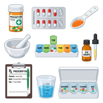 Collection of medical supplies including pill organizers, eye drops, prescription pad, and mortar and pestle for healthcare and pharmacy needs