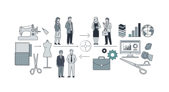 Business process illustration showing workflows and key elements in production
