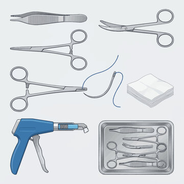 Surgical tools and equipment for medical procedures on a light background