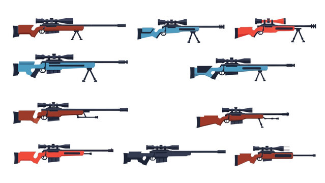 Collection of sniper rifles with scopes, showcasing different designs and color variations.