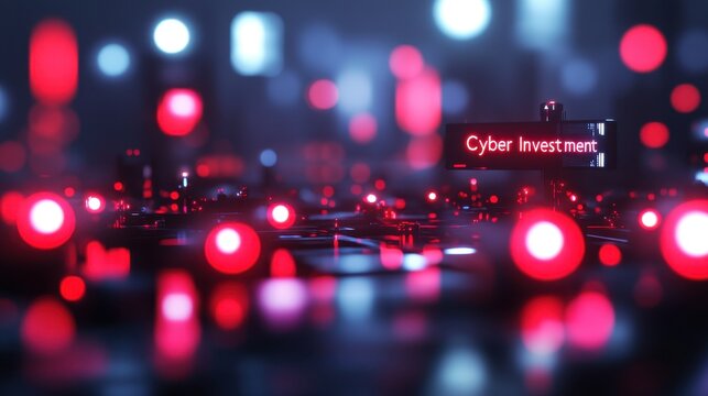 Futuristic digital network with illuminated red lights and cyber investment sign