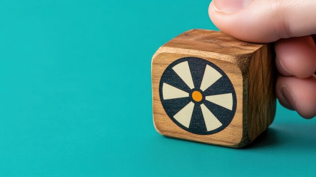Hand holding wooden cube with gear icon on blue background concept