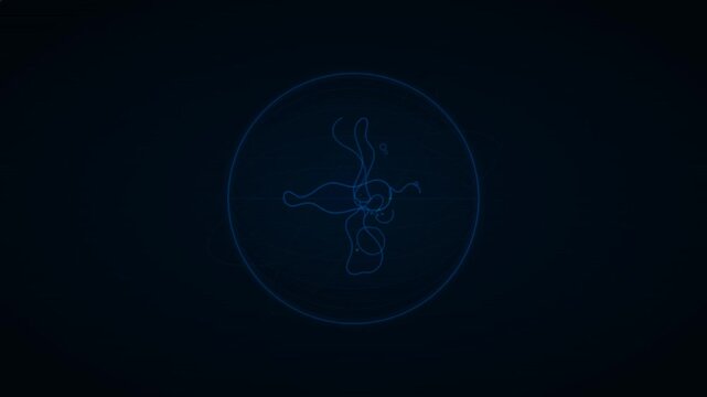 Wireframe neon globe hologram with rotating longitude meridian and latitude grid on dark teal space background