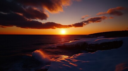 Fototapeta premium Stunning winter sunset over lake with icy shore and dramatic cloud sky