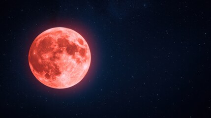 Obraz premium Close up view of bright red full moon in dark starry night sky