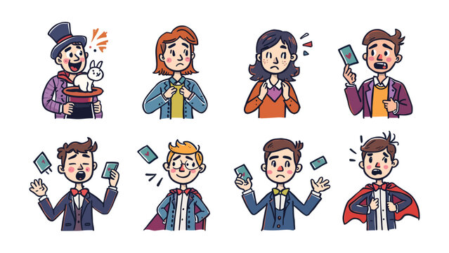 Magic Performances: A series of illustrations capturing the art of magic, with magicians, audience expressions, and cards, showcasing wonder, illusion and surprise.