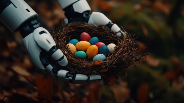Futuristic robot hands gently holding colorful painted bird nest eggs in nature