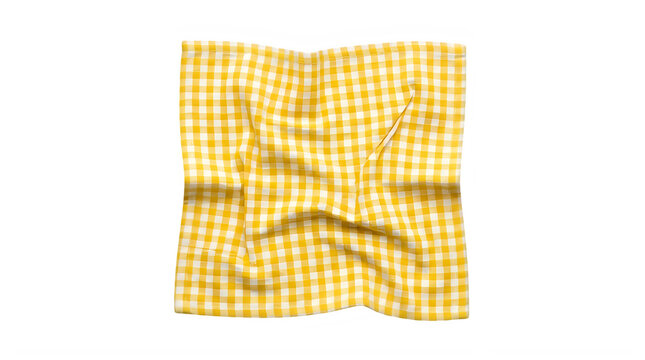 Set of yellow gingham checkered cloth for picnic and domestic kitchen textile branding frontal isolated png on a transparent background perfectly cutout high resolution