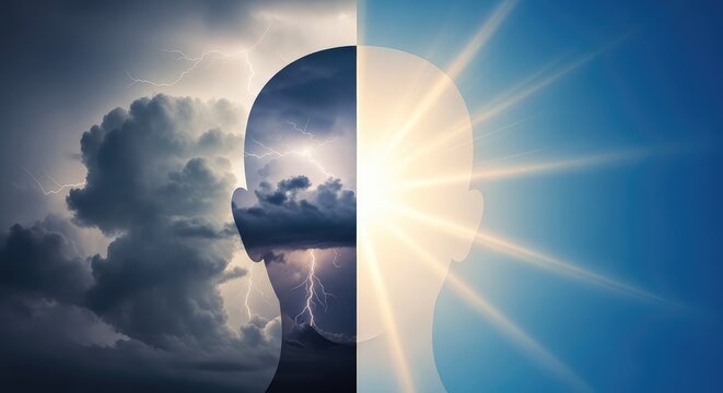 Conceptual imagery of a stylized head silhouette divided into two halves representing emotional duality with stormy clouds and bright sun rays, depression, creative, balance