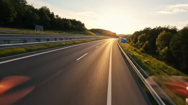 Cinematic forward-driving view of an empty highway during golden hour with warm sunlight and surrounding forest landscape.