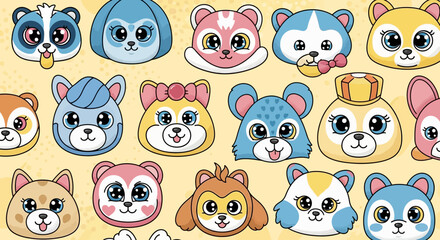 Obraz premium Cartoon animal faces collection colorful designs on textured background