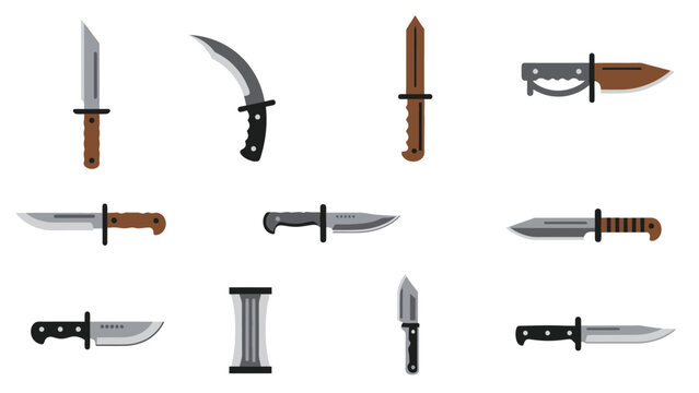 Collection of tactical military knives and survival blades for combat and outdoor activities.