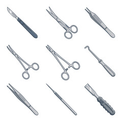 Fototapeta premium Surgical tools and medical instruments on isolated white background for healthcare and hospital use