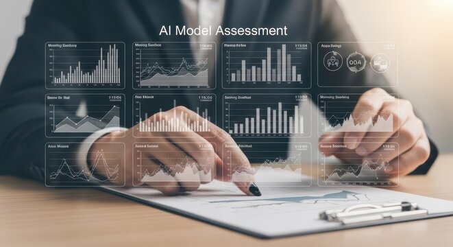 AI Model Assessment Featuring Data Analysis and Performance Charts in a Modern Workspace