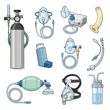 Respiratory medical equipment set including oxygen tank and masks isolated on white background