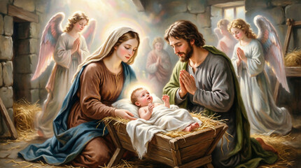 Naklejka premium Holy family in nativity scene shines with starlight, peace, and divine love.