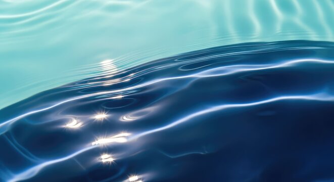 Flowing turquoise and navy blue liquid textures create a tranquil aquatic surface with shimmering light reflections and soft ripples, pure, soft, pattern