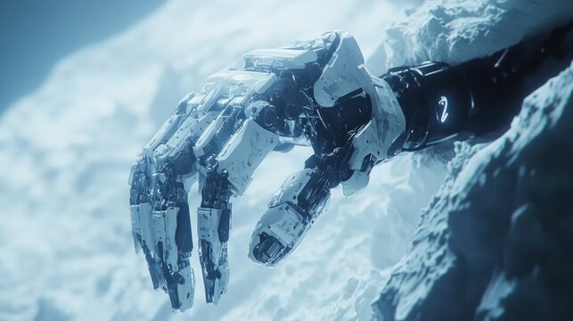 Futuristic robot hand emerging from icy landscape. Use Sci-Fi stock photography