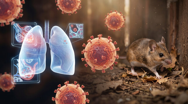 Hantavirus respiratory infection concept with mouse and holographic lungs, 3D medical illustration