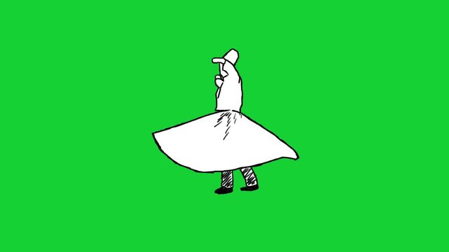 black and white hand drawn animation of sufi whirling dance isolated in green screen