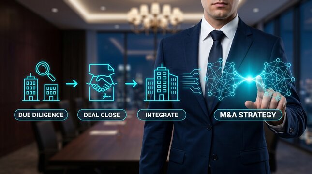 Businessman pointing at mergers and acquisitions ma process infographic with due diligence, deal close, and integration steps