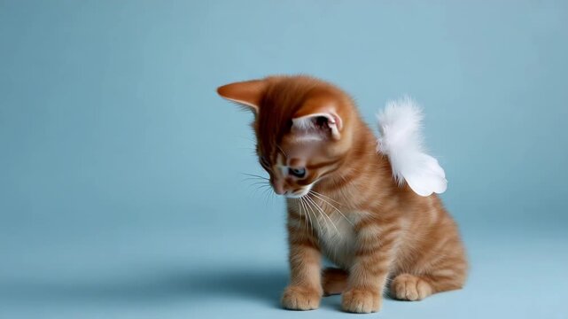 Adorable kittens with white angel wings on vibrant blue background