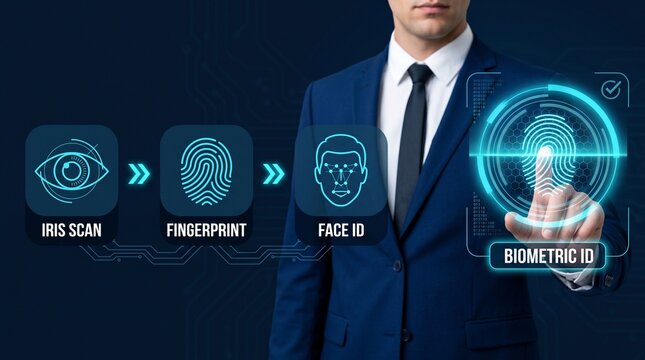 Man in suit using biometric identification system with iris scan, fingerprint, and face id icons futuristic security and authentication concept