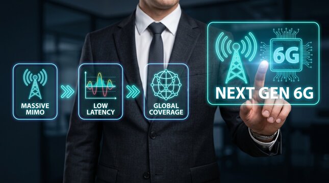 Businessman pointing at next gen 6g technology interface with massive mimo, low latency, and global coverage icons