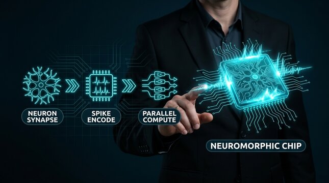 Neuromorphic chip technology concept with neuron synapse and spike encoding