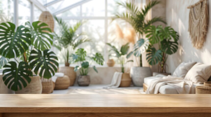 Fototapeta premium Empty wooden tabletop background blurred with bright tropical conservatory greenhouse for product display mockup