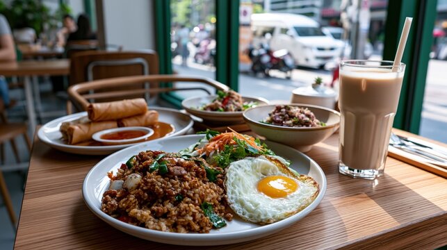 thai food on the table in chiang mai old house cafe
