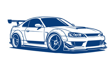 Fototapeta premium Blue vector illustration of a modified Japanese sports car. Street racing drift car with wide body kit and spoiler. JDM tuning culture concept.