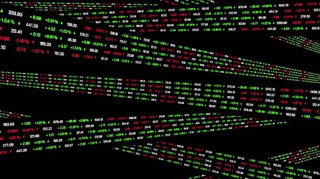 Abstract stock exchange ticker tape, prices and percentage changes, market data. Investing, buying, selling, price up and down, risk, volatile, growth.
