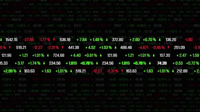 Abstract stock exchange ticker tape, prices and percentage changes, market data. Investing, buying, selling, price up and down, risk, volatile, growth.