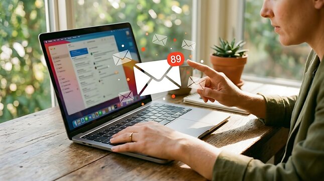 Woman using laptop with email inbox and notification icons floating above keyboard on wooden desk near window