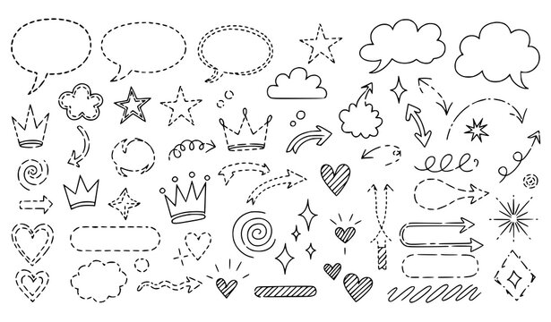 Hand drawn dashed line doodle vector set speech bubbles stars clouds and crowns