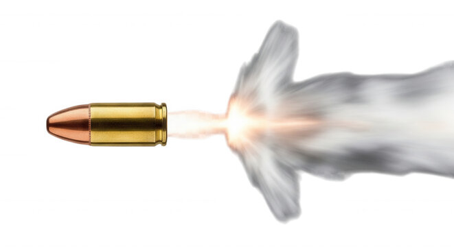 A single brass-cased bullet flying through the air with a bright muzzle flash and a trail of white smoke against a solid black background