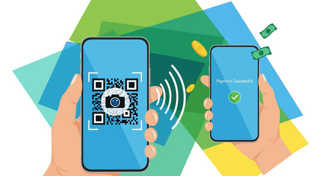 Digital payment transaction using smartphone with QR code scanning.