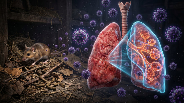 Rodent borne respiratory virus infection with damaged lungs, cinematic medical illustration